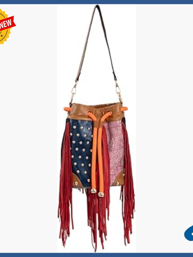 Genuine Leather Bucket Bag With Tassel Stud Details Adjustable Crossbody